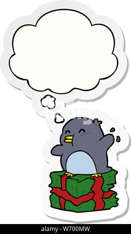 cartoon penguin on present with thought bubble as a printed sticker Stock Vector