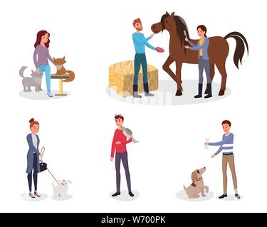 Pet owners vector illustrations set. Cartoon people taking care of domestic animals, cats, dogs. Male, female volunteers, shelter workers playing with kitties, puppies, brushing horse mane hair Stock Vector