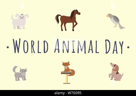 International animal day flat vector template. Cartoon cats, dogs, horse, parrot isolated illustrations. Celebrating pets protection event, wildlife conservation occasion poster design layout Stock Vector