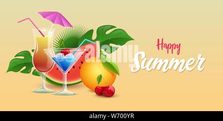 Summer drinks flat vector banner template. Tropical cocktails decorated with ice cubes, fresh cherry, umbrella. Sweet seasonal fruits and exotic leaves beach club promotional poster design layout Stock Vector