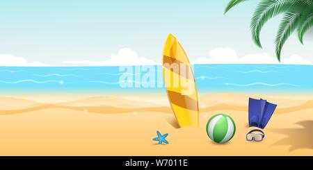 Summertime water sports flat vector illustration. Scuba diving flippers, snorkelling goggles on sandy beach. Extreme water sports, surfing equipment on blue sea waves and palm trees background Stock Vector