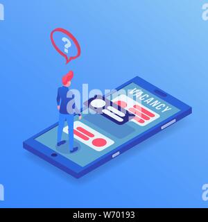 Job searching app isometric illustration. Unemployed man choosing vacancies on Internet, using mobile application character. HR agent, talent manager posting company job vacancy online clipart Stock Vector