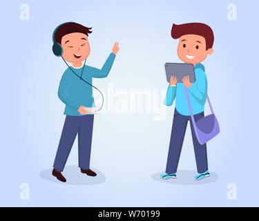 Teen friends meeting flat vector illustration. Schoolboy wearing headphones, listening music, schoolkid with bag using tablet cartoon characters set. Classmates isolated clipart on blue background Stock Vector