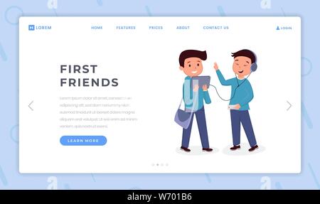 First friends landing page flat template. Boys wearing headphones, listening music, schoolkid with bag holding tablet cartoon characters. Classmates, schoolboys friendship website homepage layout Stock Vector