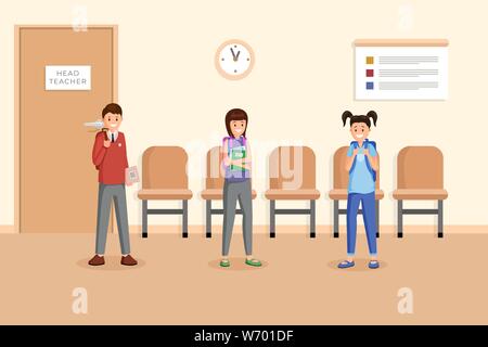 Schoolmates break time flat vector illustration. Cute pupils with stationery and rucksacks, standing in school corridor cartoon characters. Cheerful schoolchildren waiting at headteacher office Stock Vector