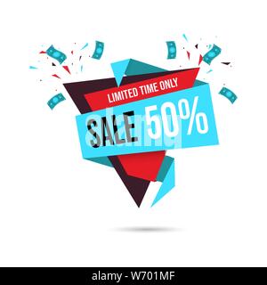 50 percent off sale banner template. Shopping half price discount for customers creative promotional poster layout. Store limited time deals and special offers for clients sticker, label Stock Vector