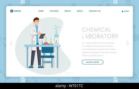 Chemical laboratory vector landing page template. Researcher, scientist in white coat describing chemical reaction results. Modern research center, innovative lab webpage design layout Stock Vector
