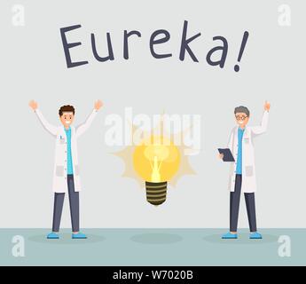 Scientists discovery vector banner template. Happy researchers excitement with raised index finger, eureka gesture cartoon characters. Lab workers having new idea, making breakthrough Stock Vector