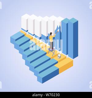 Businessman painting histogram bars isometric illustration. Office worker, financier, painter standing on chair holding paintbrush 3D cartoon character. Financial analyst profession metaphor Stock Vector