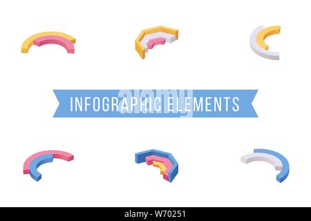 Infographic elements isometric vector illustrations set. Various multi level donut chart slices, circular diagram 3D icons pack. Statistical analysis, business analytics, marketing data visualization Stock Vector