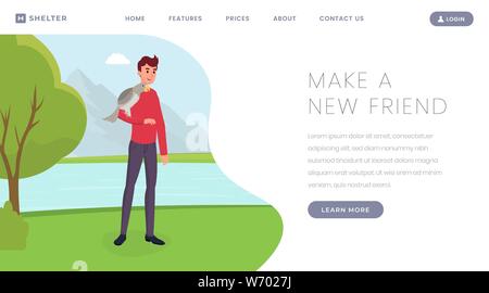 Adopting abandoned animals landing page support. Cartoon boy, volunteer with parrot on shoulder hand drawn character. Protecting wildlife, endangered species, exotic birds website page design layout Stock Vector