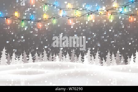 Christmas, snowy night woodland landscape with falling snow, firs, light garland, snowflakes for winter and new year holidays. Xmas winter background. Stock Vector