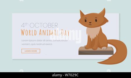 Animals day vector landing page template. Cute fox, wild animal cartoon character. International saving wildlife, protecting fauna representatives event website page design layout Stock Vector