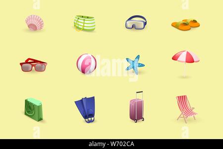 Summertime relax flat vector illustrations set. Travelers items, seaside resort, beach accessories isolated on yellow background. Water sports, scuba diving equipment, goggles and flippers Stock Vector