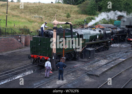 West Country class preserved steam locomotive 34027 Taw Valley in Bridgnorth shed on the Severn Valley railway for coal and water on 1st August 2019. Stock Photo