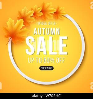 Autumn sale banner. Lettering in frame. Seasonal round banner with autumn leaves. Maple leaf. Seasonal sale. Vector illustration. EPS 10 Stock Vector