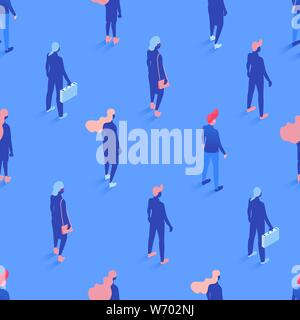 Office workers, managers isometric seamless pattern. Male and female employees with briefcases, businessman and businesswomen on blue background. Corporate workers backdrop, wrapping paper design Stock Vector