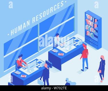Employment service office isometric vector illustration. Human resources, job searching agency drawing. Job consultants desk, candidates, unemployed people waiting for interview characters Stock Vector