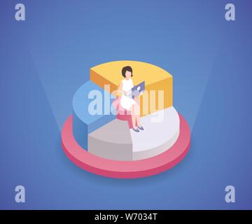 Analyst working with laptop isometric illustration. Busy freelancer, financier, female entrepreneur in formal clothes 3D cartoon character. Businesswoman sit on chart element, data analysis concept Stock Vector