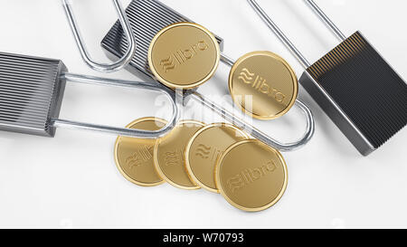 Golden crypto currency libra coins lie on white background with digitial padlocks. Symbolizes the security of crypto currencies in the network. 3D ren Stock Photo