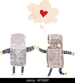 cartoon robots in love with thought bubble in grunge distressed retro textured style Stock Vector
