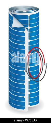 Flexible solar panel wound with black and red connection cables on white background - Vector image Stock Vector