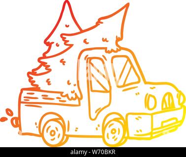 warm gradient line drawing of a pickup truck carrying christmas trees Stock Vector