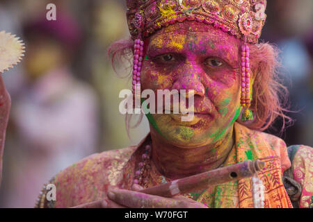 Portrait of a man dressed as Lord Krishna  during Holi Celebrations at Mathura,Uttarpradesh,India,Asia Stock Photo