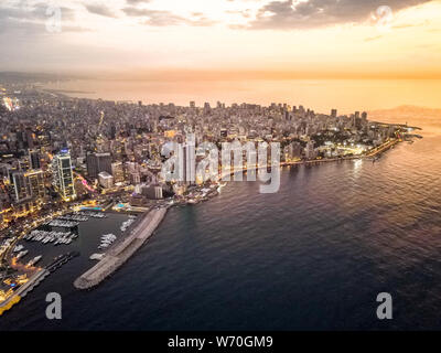 Drone aerial view of beautiful sunset in Beirut, Lebanon - Middle East capital city Stock Photo