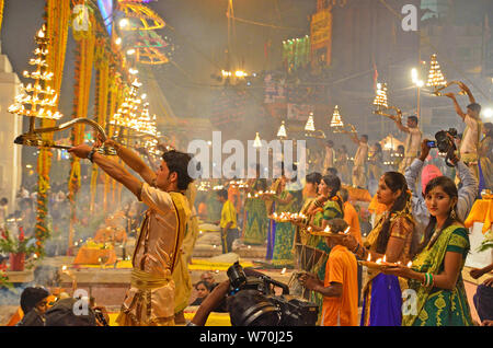 Ganga Aarti at Dashashwamedh Ghat, Varanasi, Uttar Pradesh, India Stock Photo