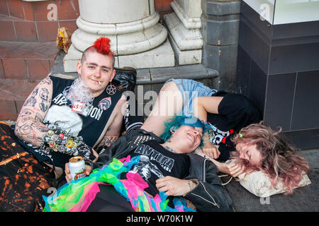 Blackpool, Lancashire, UK. Revellers at the Rebellion Festival the world's largest punk festival in Blackpool. At the beginning of August, Blackpool’s Winter Gardens plays host to a massive line up of punk bands for the 21st edition of Rebellion Festival attracting thousands of tourists to the resort.  Over 4 days every August in Blackpool, the very best in Punk gather for this social event of the year with 4 days of music across 6 stages with masses of bands. Stock Photo