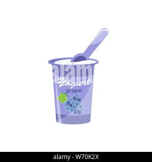 Packing yogurt with a teaspoon. Grape flavored yogurt. Vector illustration Stock Vector
