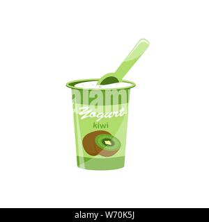 Packing yogurt with a teaspoon. Kiwi Yogurt. Vector illustration Stock Vector