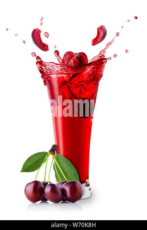 pieces of sweet cherry falling into glass with juice and creating splashes isolated on white background Stock Photo
