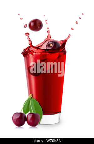 sweet cherry berries falling into glass with juice and creating splashes isolated on white background Stock Photo