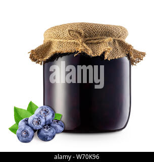 blueberry jam in glass jar covered with burlap isolated on white background. Homemade preserved fruits Stock Photo