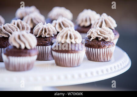tray of chocolate cupcakes with swirl of frosting on top of white porcelain serving tray Stock Photo