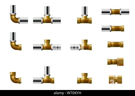 Fittings for plastic pipeline. Vector illustration. Set of tee, angle and connector. Stock Vector