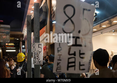 Hong Kong, China. 03rd Aug, 2019. Placard announcing Monday 5th of August national strike during the demostration. Despite the Hong Kong government's efforts to calm the situation by declaring the extradition bill is 'dead', thousands of protesters still took part in anti-government protests in different areas of Hong Kong. Multiple clashes between protesters and the police have been reported and a large number of protesters have been arrested by the police. Credit: SOPA Images Limited/Alamy Live News Stock Photo