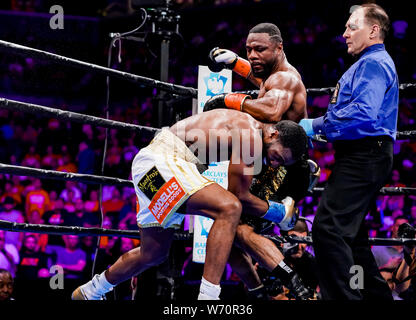 Brooklyn, New York, USA. 3rd Aug, 2019. MARCUS BROWNE (white trunks) battles JEAN PASCAL in an Interim WBA World and WBC Silver light heavyweight championship bout at the Barclays Center in Brooklyn, New York. Credit: Joel Plummer/ZUMA Wire/Alamy Live News Stock Photo