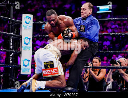 Brooklyn, New York, USA. 3rd Aug, 2019. MARCUS BROWNE (white trunks) battles JEAN PASCAL in an Interim WBA World and WBC Silver light heavyweight championship bout at the Barclays Center in Brooklyn, New York. Credit: Joel Plummer/ZUMA Wire/Alamy Live News Stock Photo