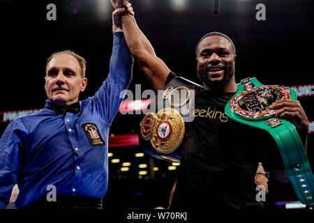 August 3, 2019, Brooklyn, New York, USA: JEAN PASCAL celebrates after defeating Marcus Browne in an Interim WBA World and WBC Silver light heavyweight championship bout at the Barclays Center in Brooklyn, New York. (Credit Image: © Joel Plummer/ZUMA Wire) Stock Photo