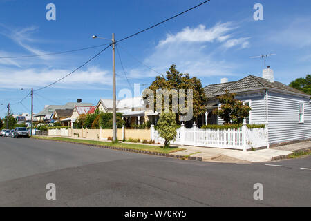 Williamstown, Australia: March, 2019: Traditionally built bungalow in the 20th century Australian style with a porch, verandah and picket fence. Stock Photo
