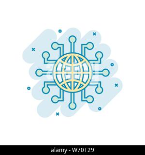 Global network icon in comic style. Cyber world vector cartoon illustration on white isolated background. Earth business concept splash effect. Stock Vector
