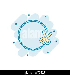 Coupon cut lines icon in comic style. Scissors snip vector cartoon illustration on white isolated background. Sale sticker business concept splash eff Stock Vector