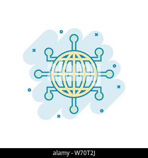 Global network icon in comic style. Cyber world vector cartoon illustration on white isolated background. Earth business concept splash effect. Stock Vector