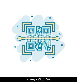 Qr code scan icon in comic style. Scanner id vector cartoon illustration on white isolated background. Barcode business concept splash effect. Stock Vector