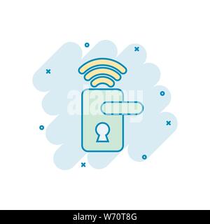 Wireless door lock sign icon in comic style. Smart home vector cartoon illustration on white isolated background. Remote system business concept splas Stock Vector