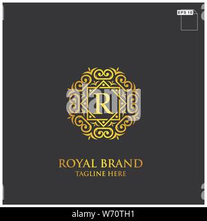 royal brand name logo design concept with floral and elemnt gold color and black background Stock Vector