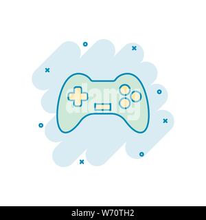 Joystick sign icon in comic style. Gamepad vector cartoon illustration on white isolated background. Gaming console controller business concept splash Stock Vector